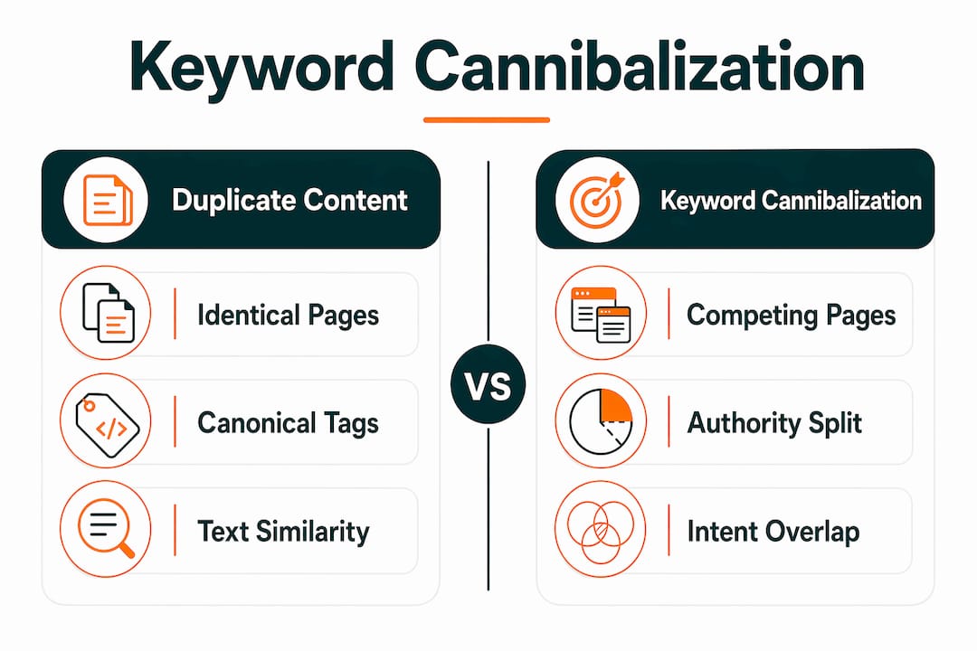 Infographic comparing duplicate content and keyword cannibalization