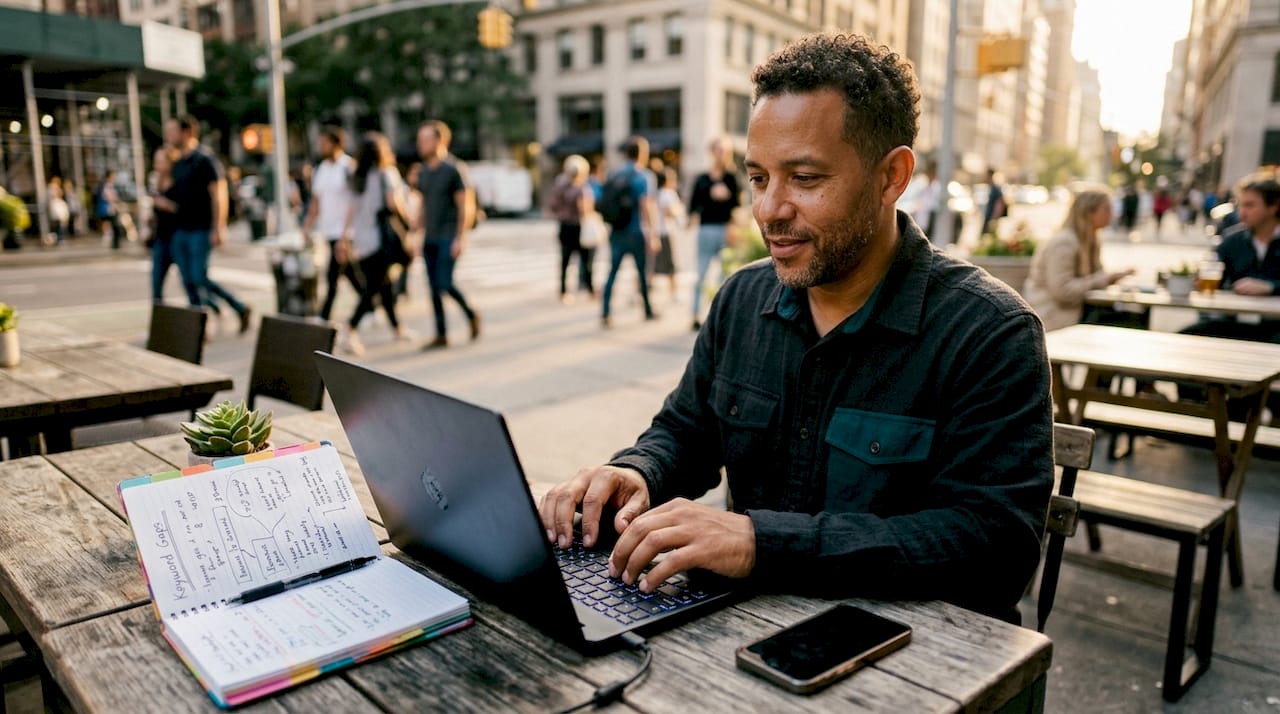 Hands typing SEO keyword gap notes