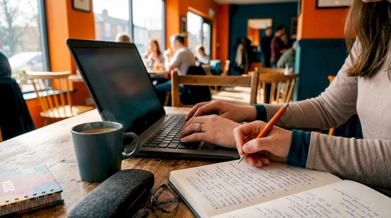 Hands typing laptop and taking SEO notes