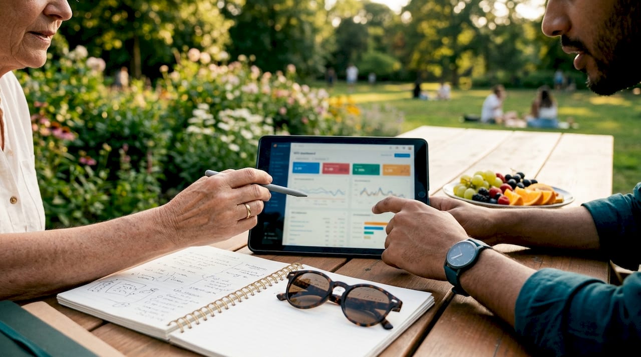 Hands interacting with SEO dashboard on tablet in coworking space