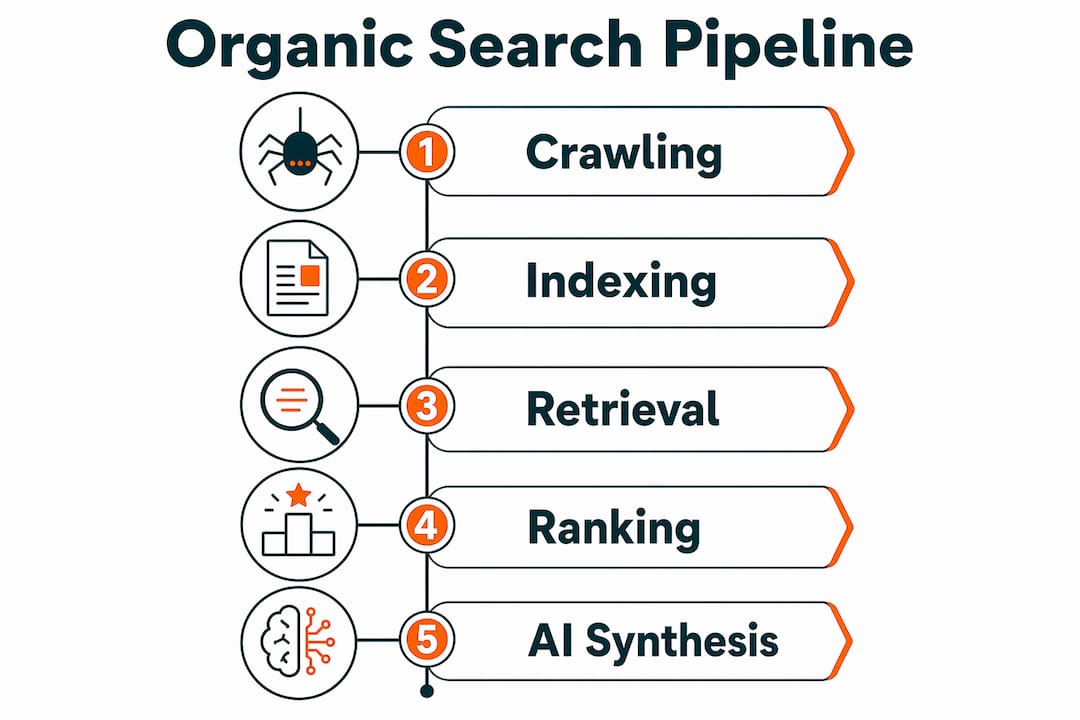 Infographic illustrating the five stages of the organic search pipeline