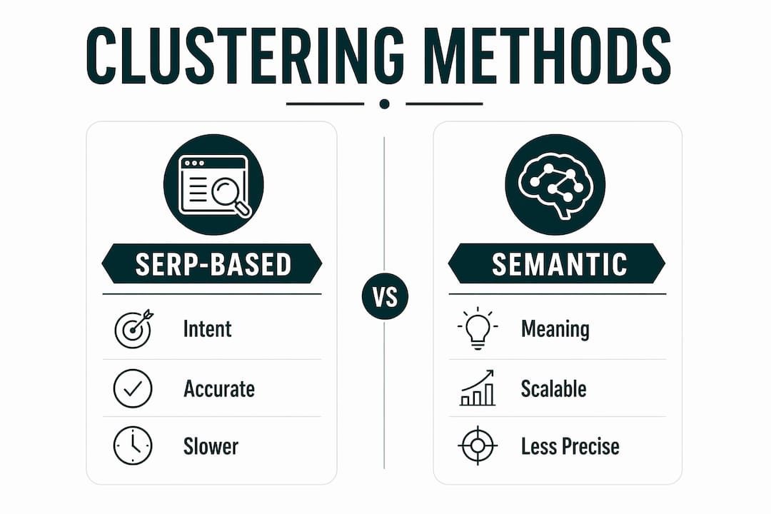 Infographic comparing SERP-based and semantic keyword clustering methods