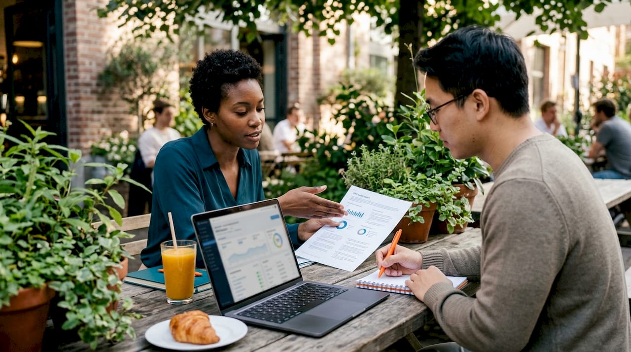 Hands reviewing SEO audit report and keywords together