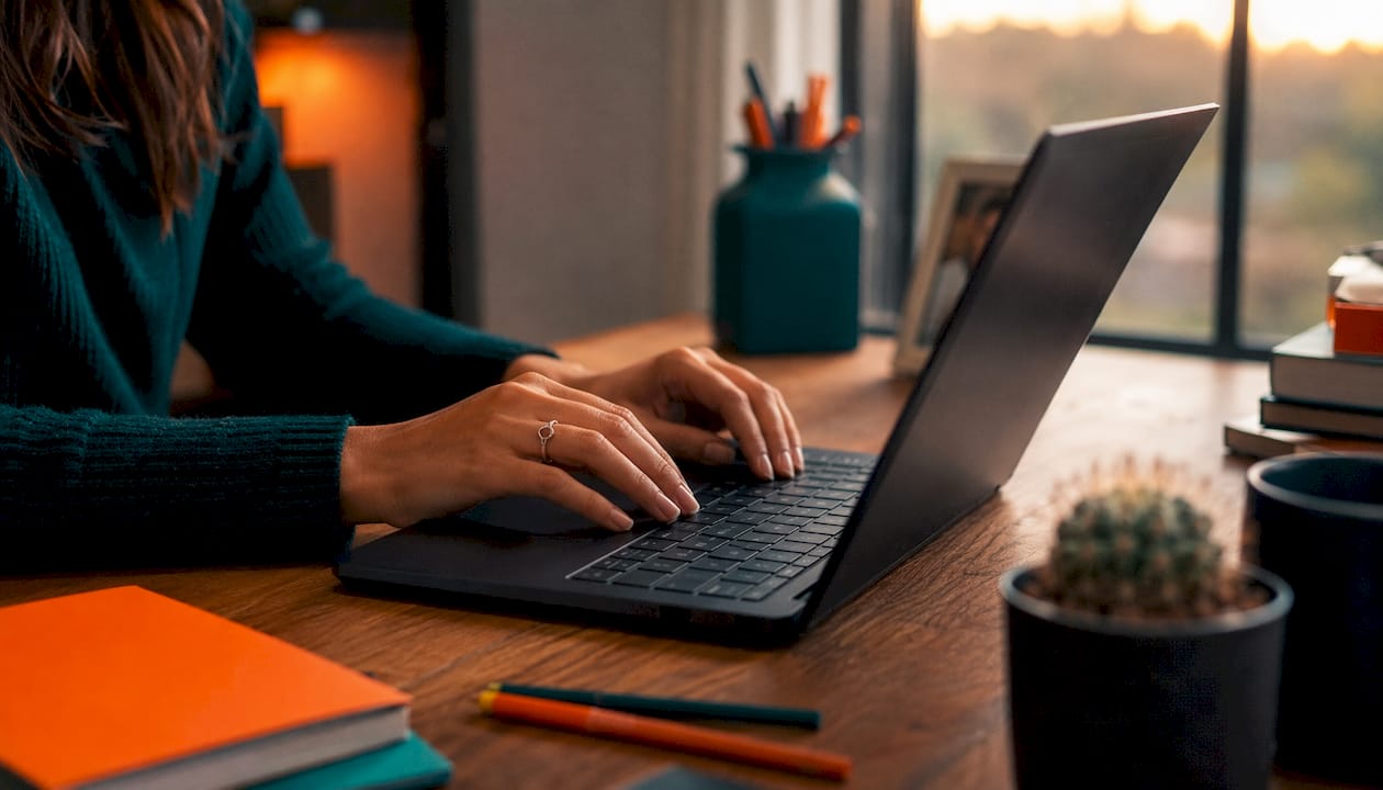 Hands typing on laptop at office desk