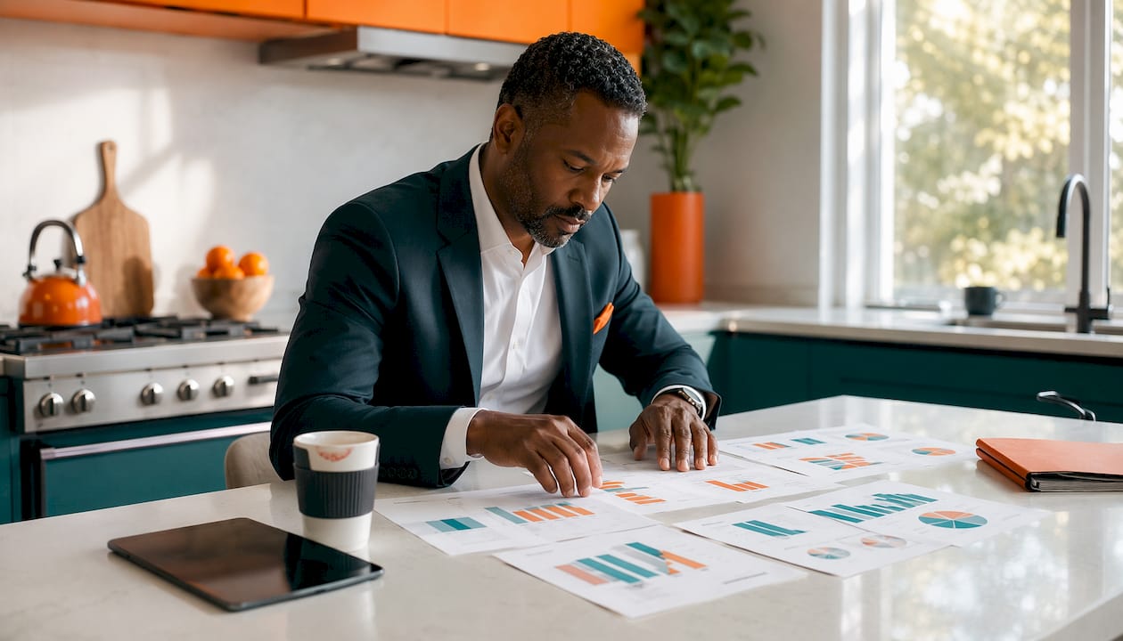 Hands arranging ROI and cost charts