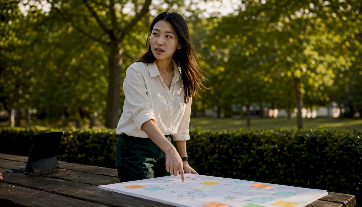 Woman explaining AI search effects on SEO