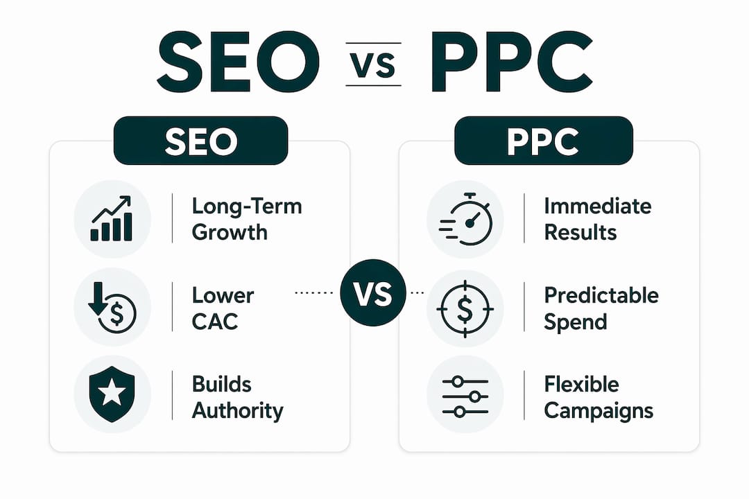 Infographic comparing SEO and PPC benefits