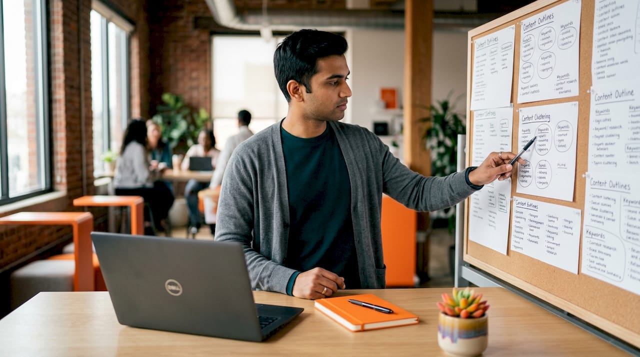 SEO specialist reviewing keyword cluster at standing desk