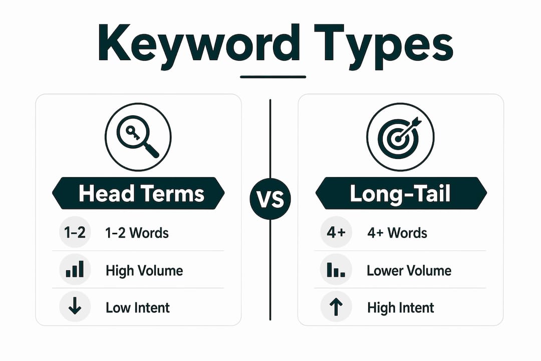 Infographic comparing head terms and long-tail keywords