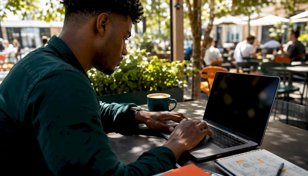 Close-up of hands typing on laptop using AI SEO tools