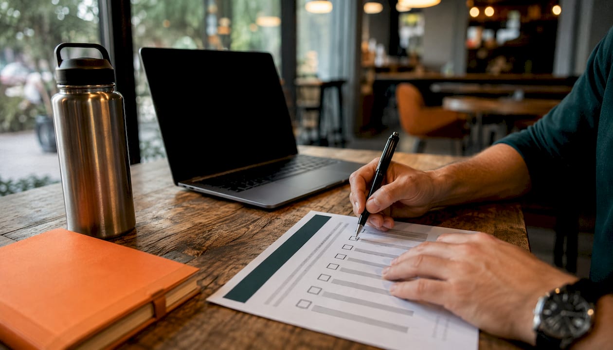Overhead view of hands updating local SEO checklist