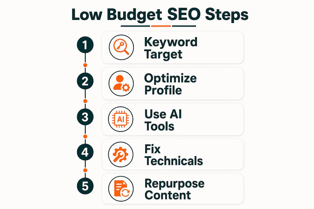 Infographic showing low budget SEO tactics flow