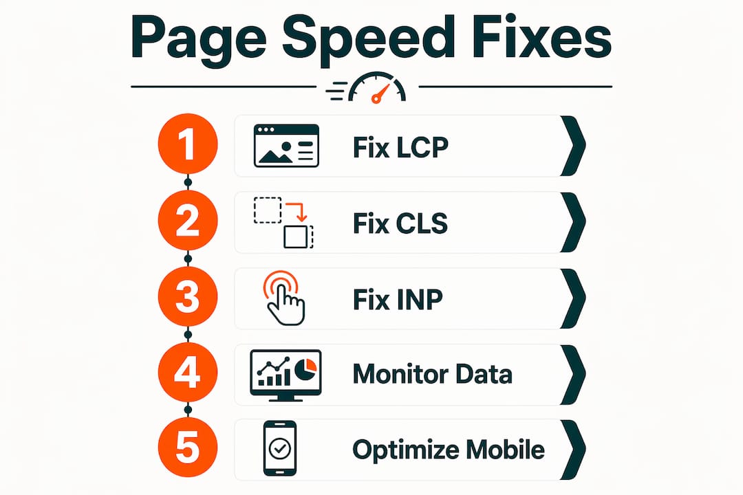 Infographic showing steps to improve page speed for SEO