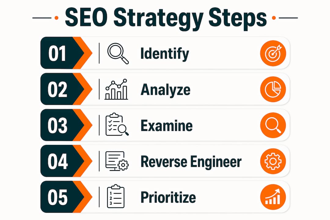 Infographic showing 5 SEO strategy steps flow