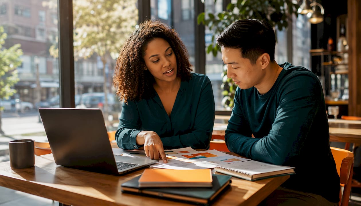 Two professionals planning keyword clusters in co-working space