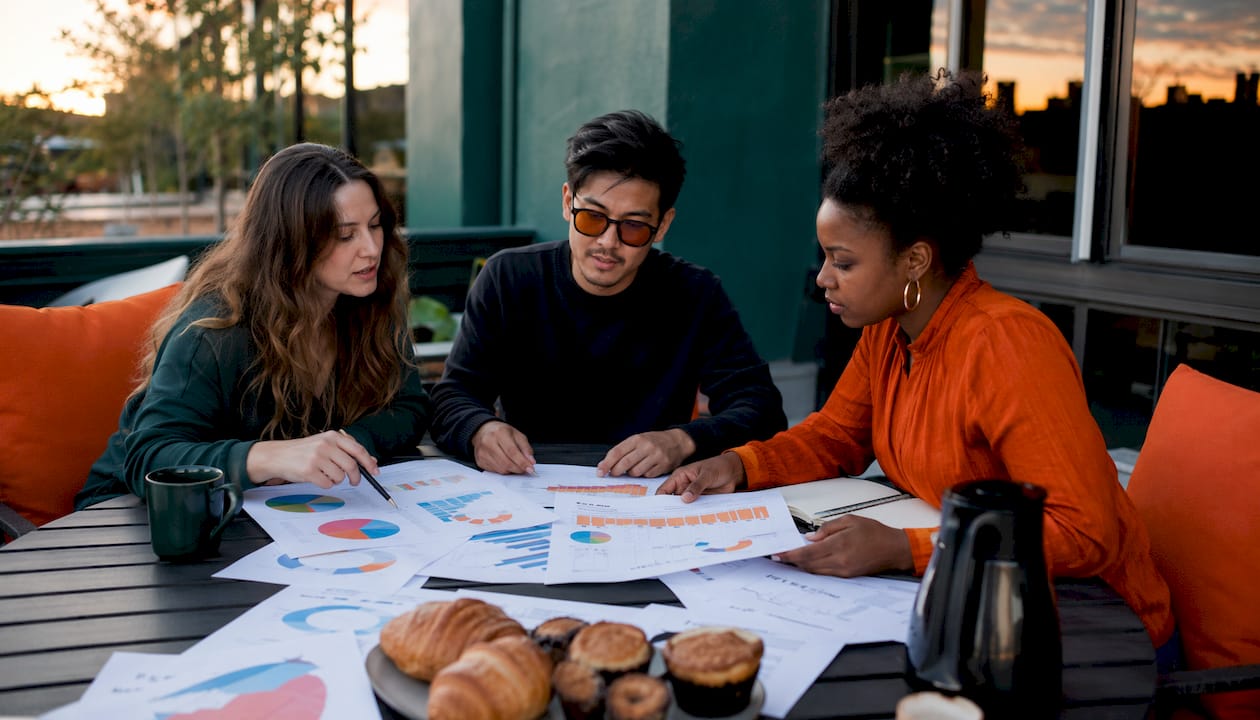 Team arranging SEO ranking charts collaboratively