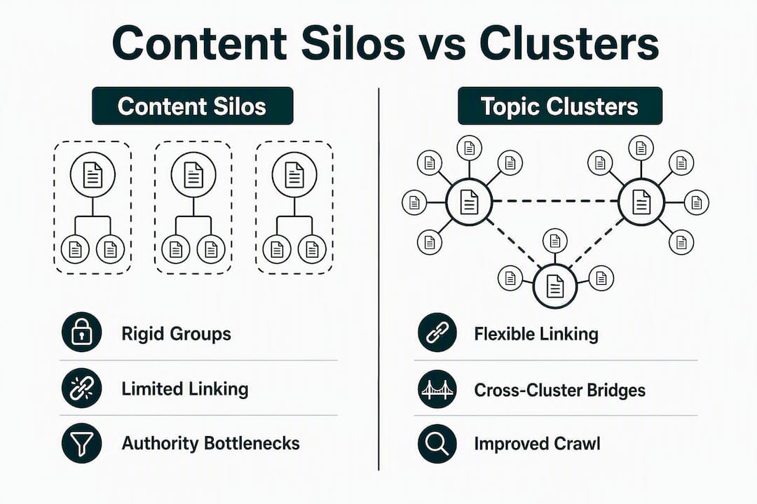 Infographic comparing content silos and topic clusters