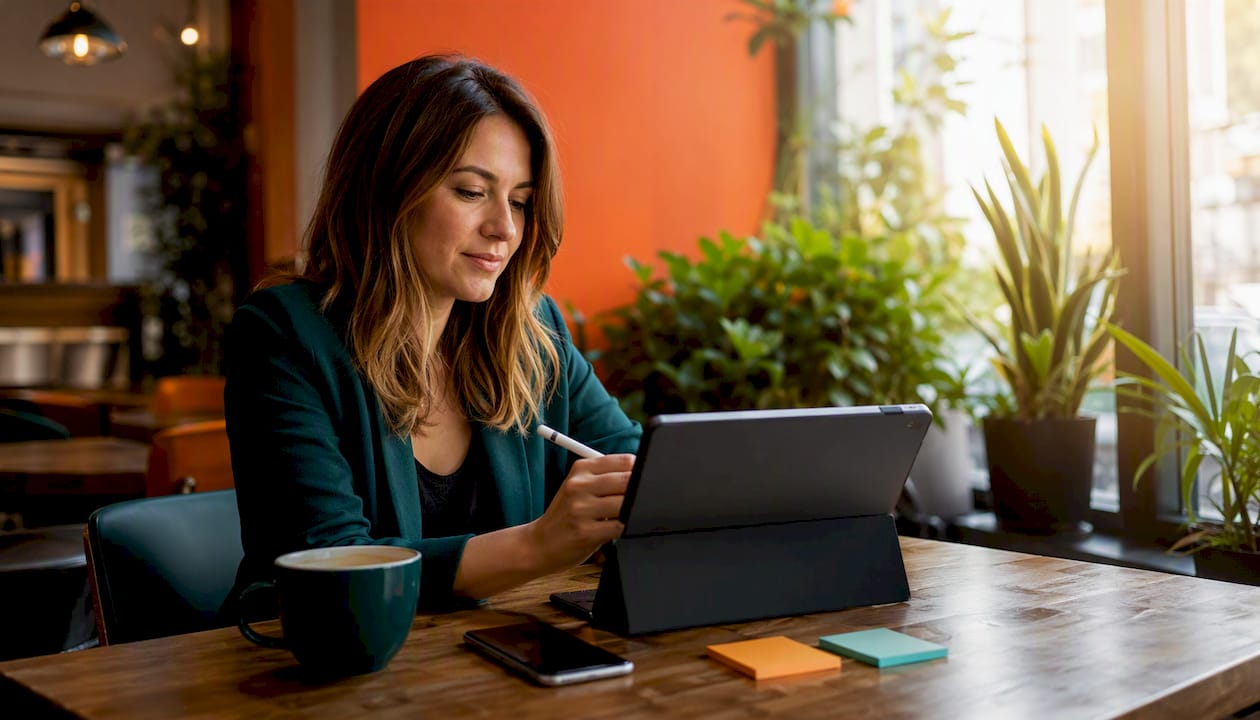 Strategist working on topical authority with tablet