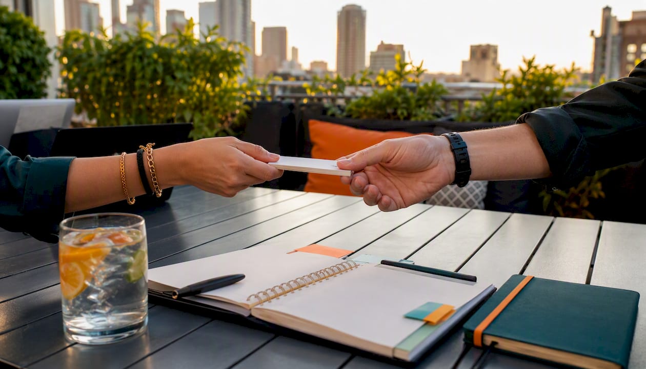 Hands exchanging cards symbolizing link equity