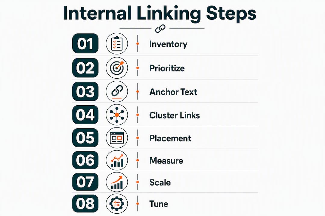 Infographic outlining 8-step internal linking blueprint