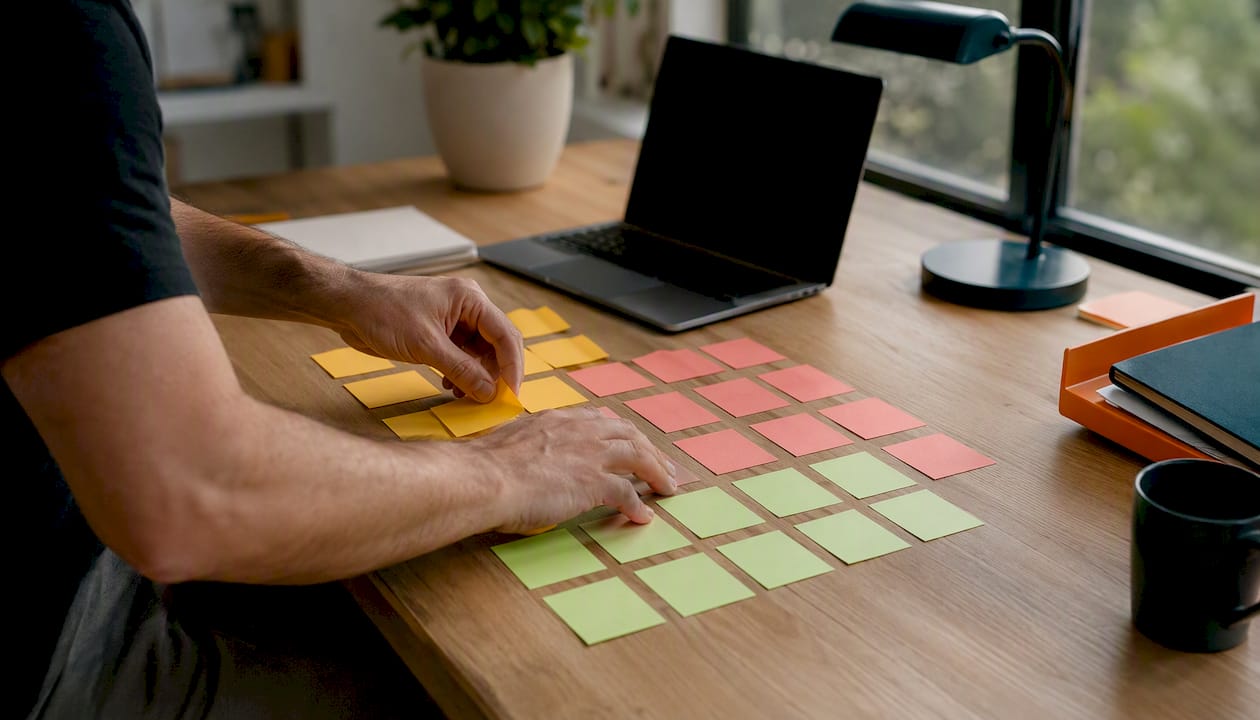 Hands sorting anchor text labels for audit