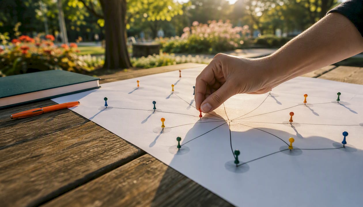 Hand arranging hub-and-spoke map