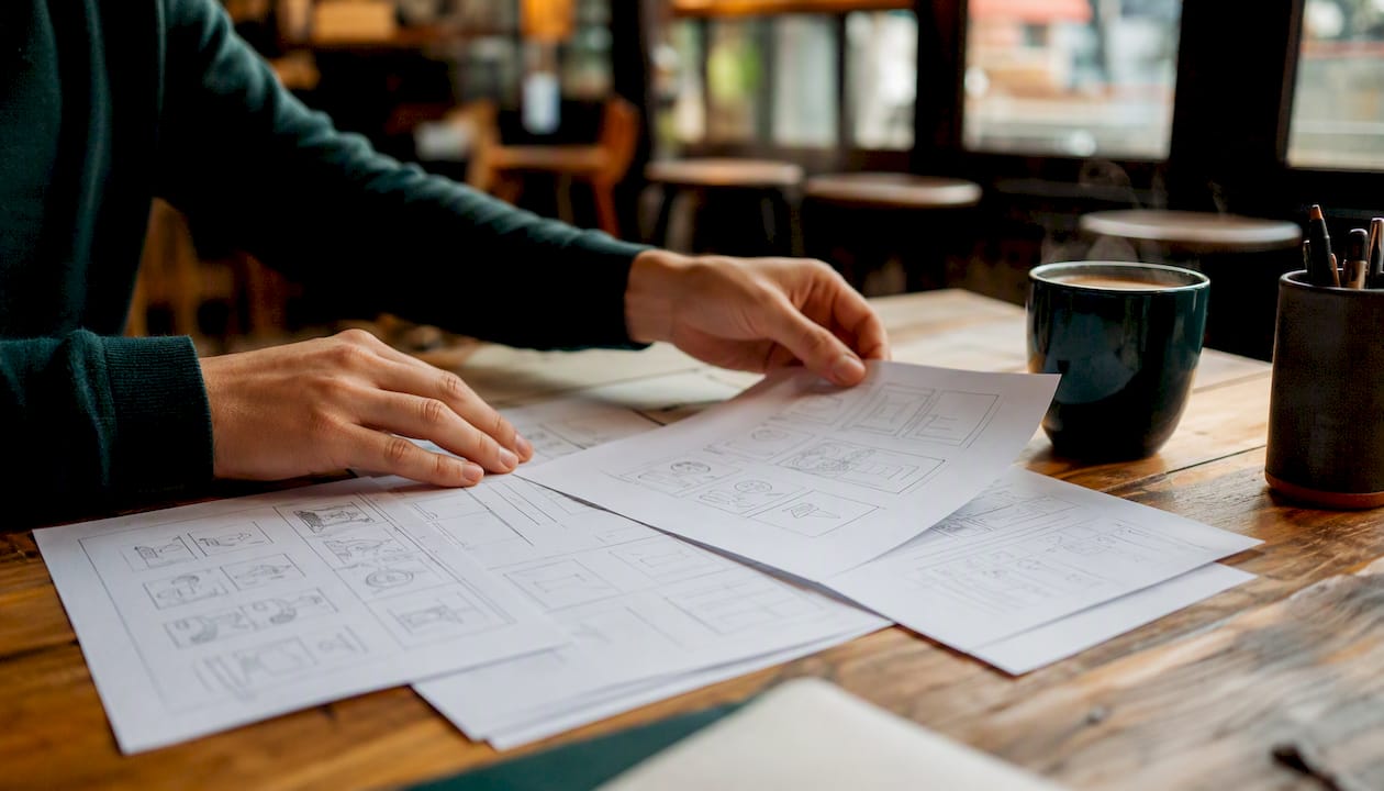 Hands arranging repurposed content layouts on table