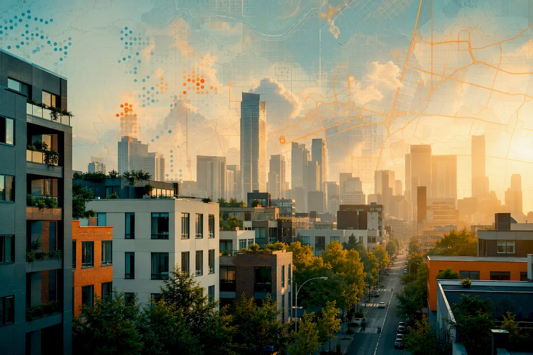 Cityscape with conceptual data overlays