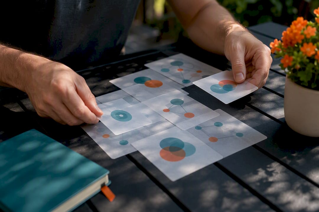 Hands arranging SEO strategy cards on desk