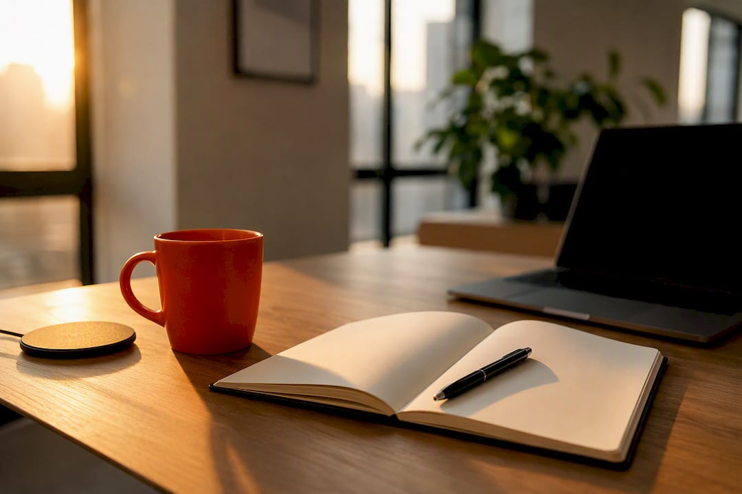Minimalist workspace with coffee and notebook