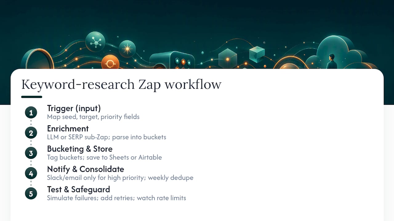 Five-stage keyword research Zap workflow