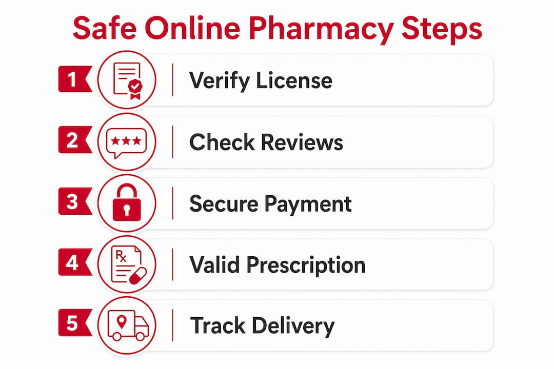 Infographic outlining safe online pharmacy buying steps