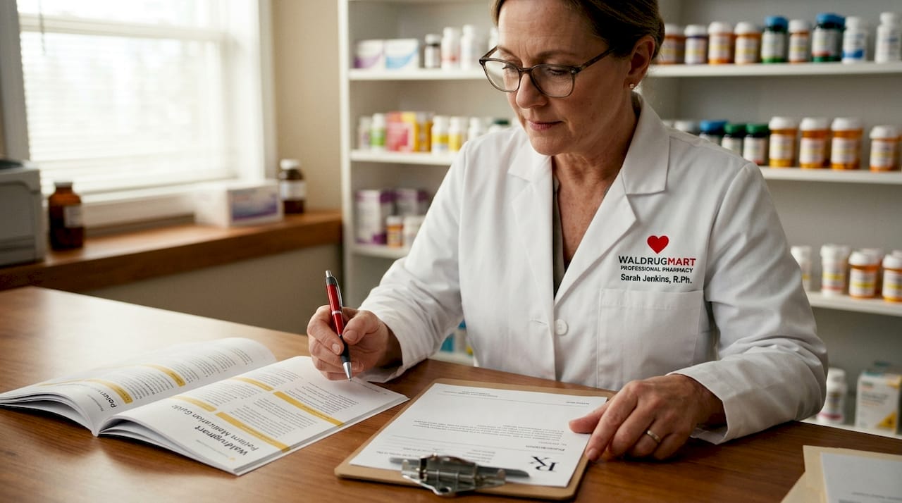 Pharmacist reviewing prescription on tablet