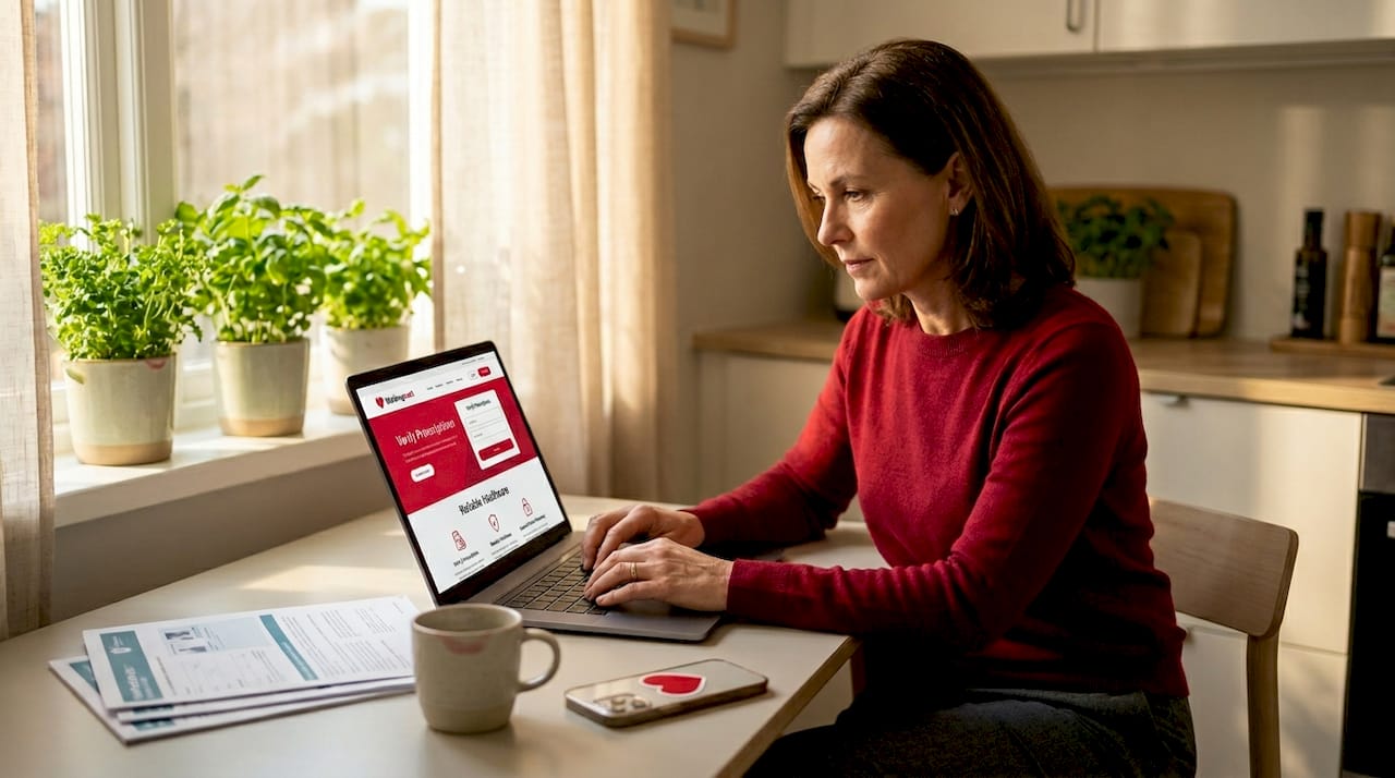User verifying online pharmacy website at home