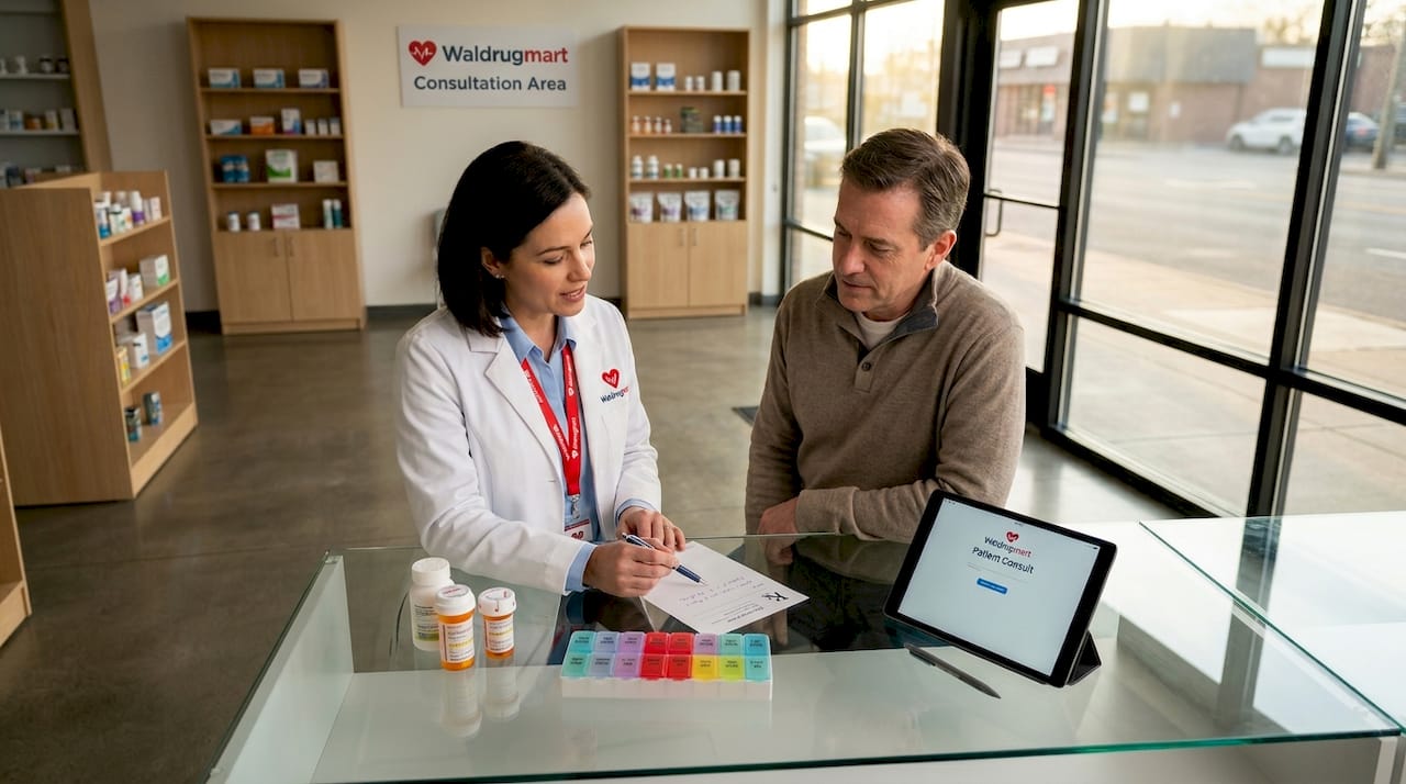 Pharmacist consulting patient on prescription