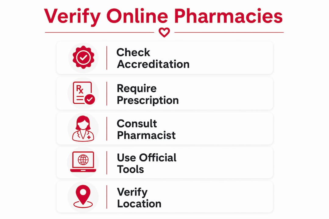 Infographic showing steps to verify an online pharmacy