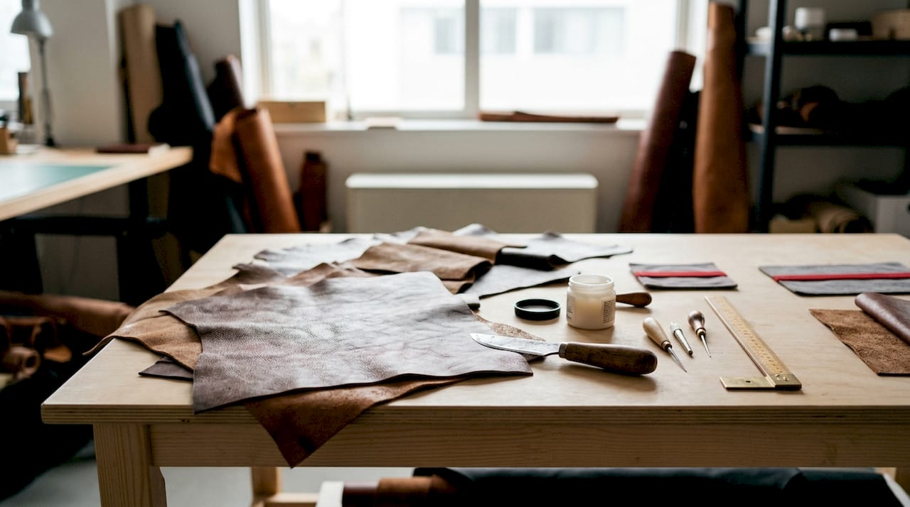 Detailopname van een werkbank met chroomleer en gereedschap