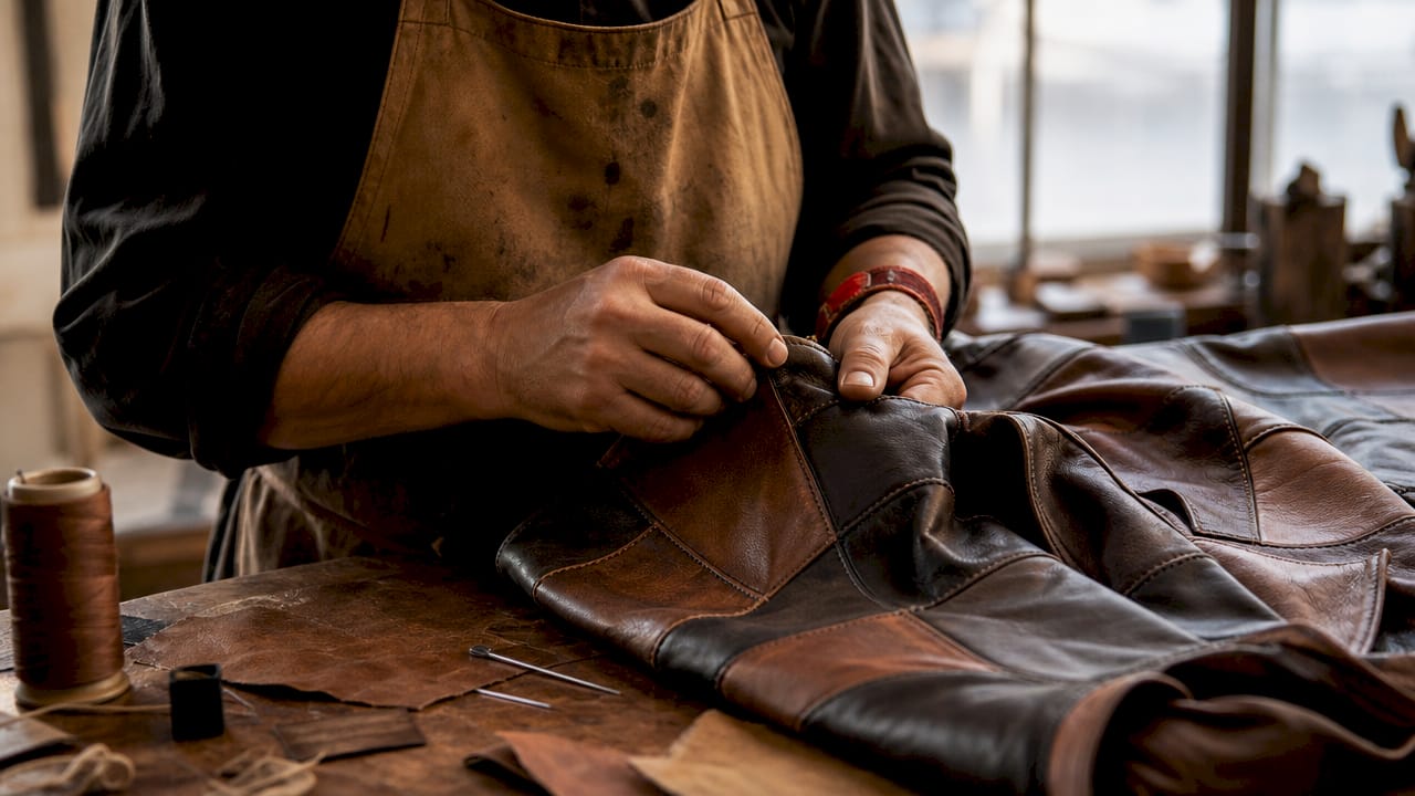 Vakkundige handen controleren zorgvuldig de naden van een patchwork jas.