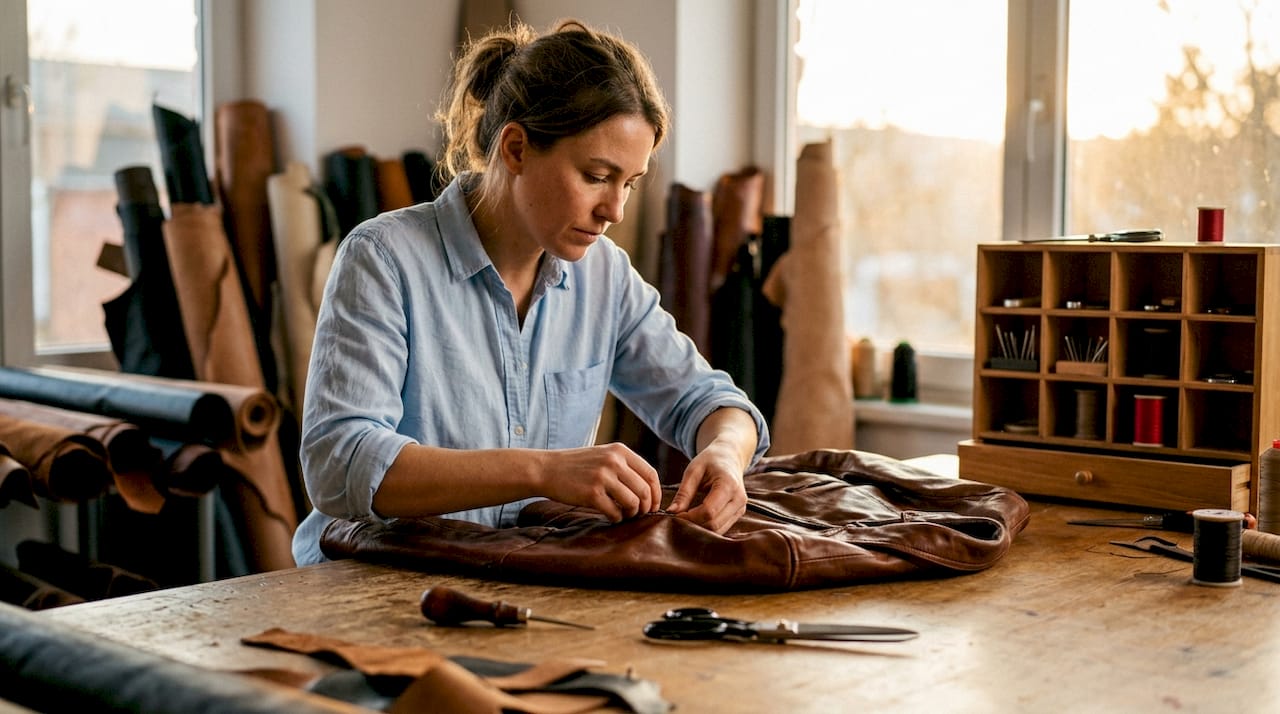 Een kleermaker past de taille van een leren jas vakkundig aan.