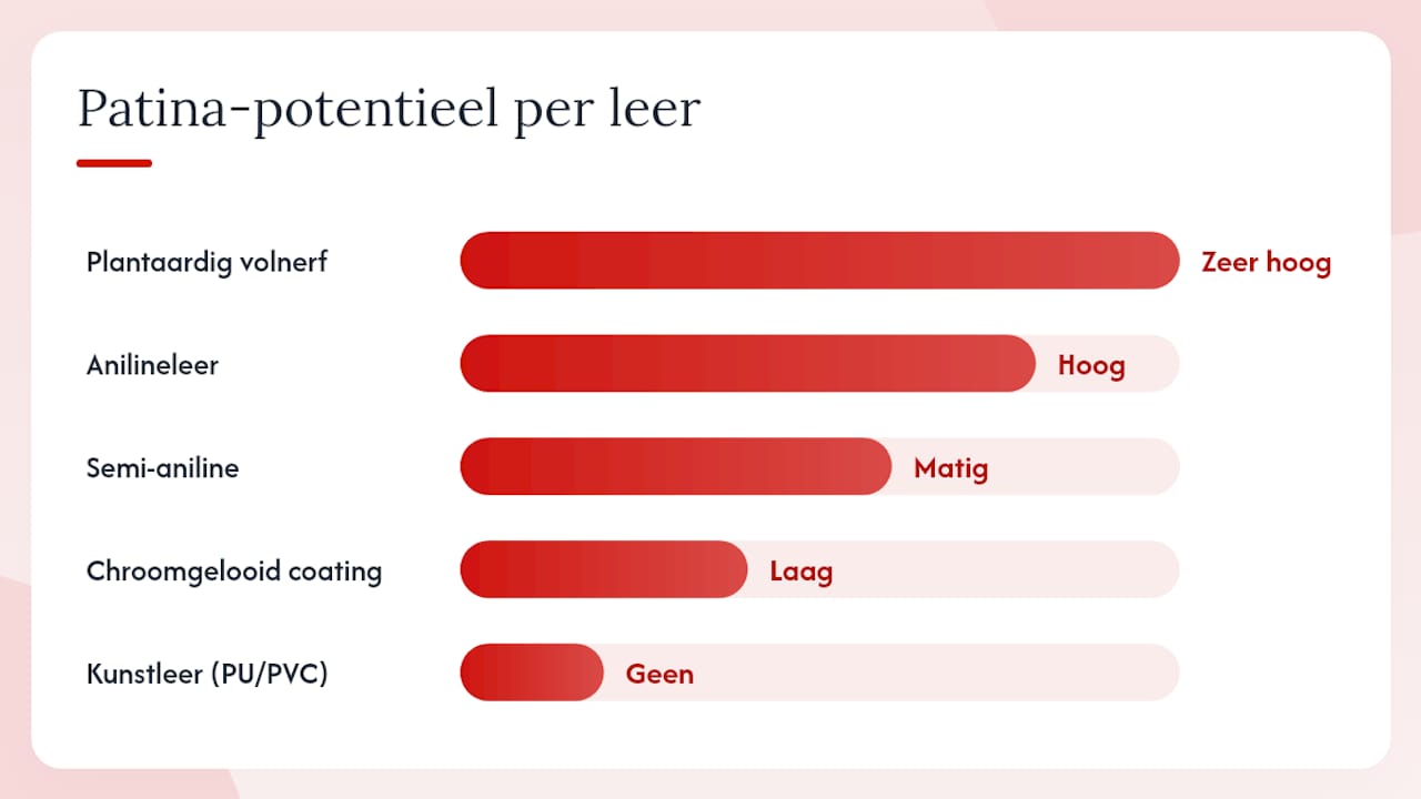 Overzichtsschema: hoe verschillende leersoorten verouderen en patina ontwikkelen