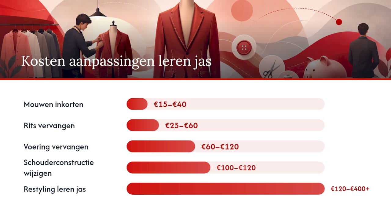 Overzicht van de verschillende manieren om een colbert aan te passen, met daarbij de moeilijkheidsgraad en bijbehorende prijzen.