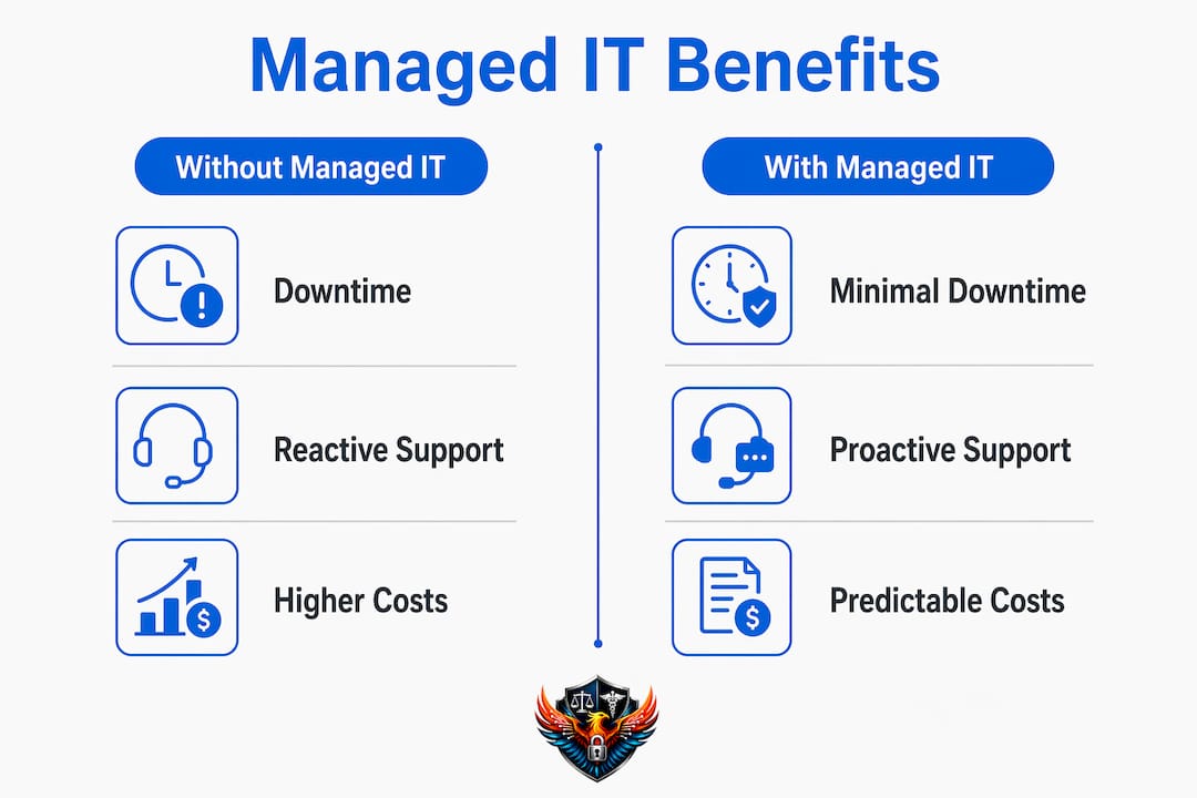 Infographic comparing managed IT service benefits for dental practices