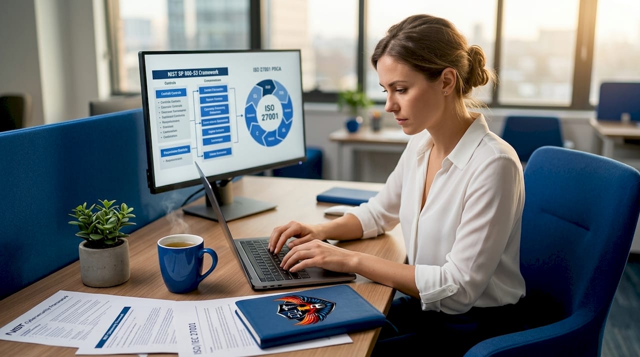 Consultant reviewing cybersecurity framework documents