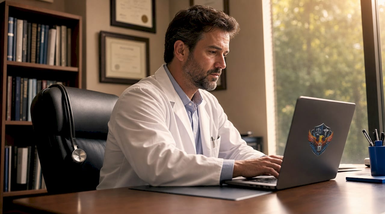 Doctor working on electronic health records computer