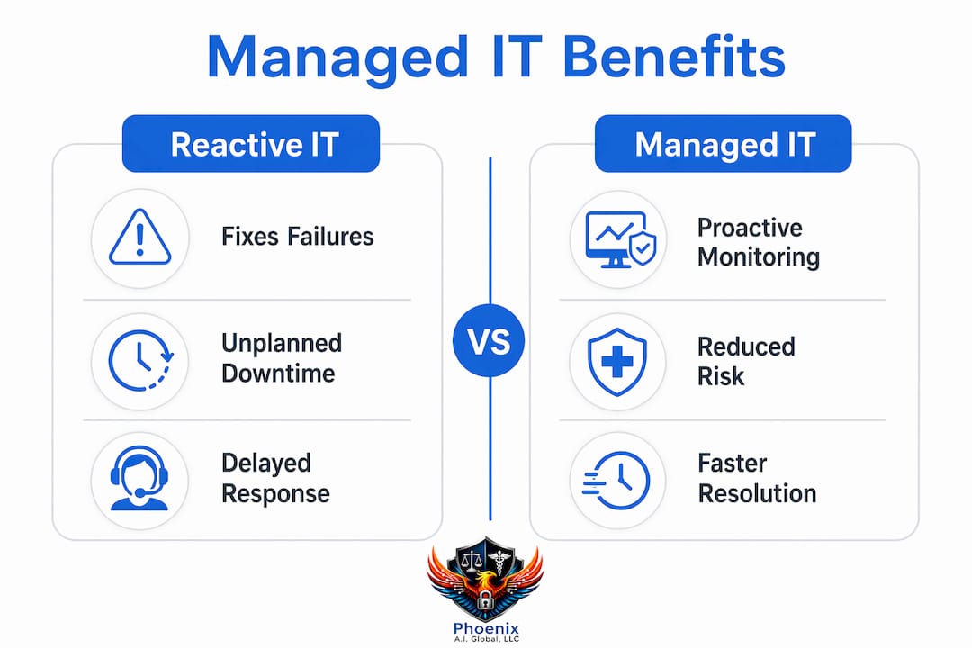 Infographic comparing reactive and managed IT benefits in healthcare
