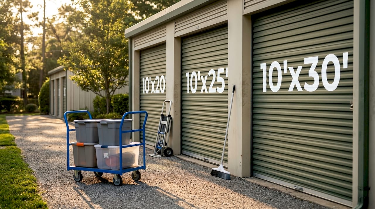 Exterior of storage unit doors showing size labels