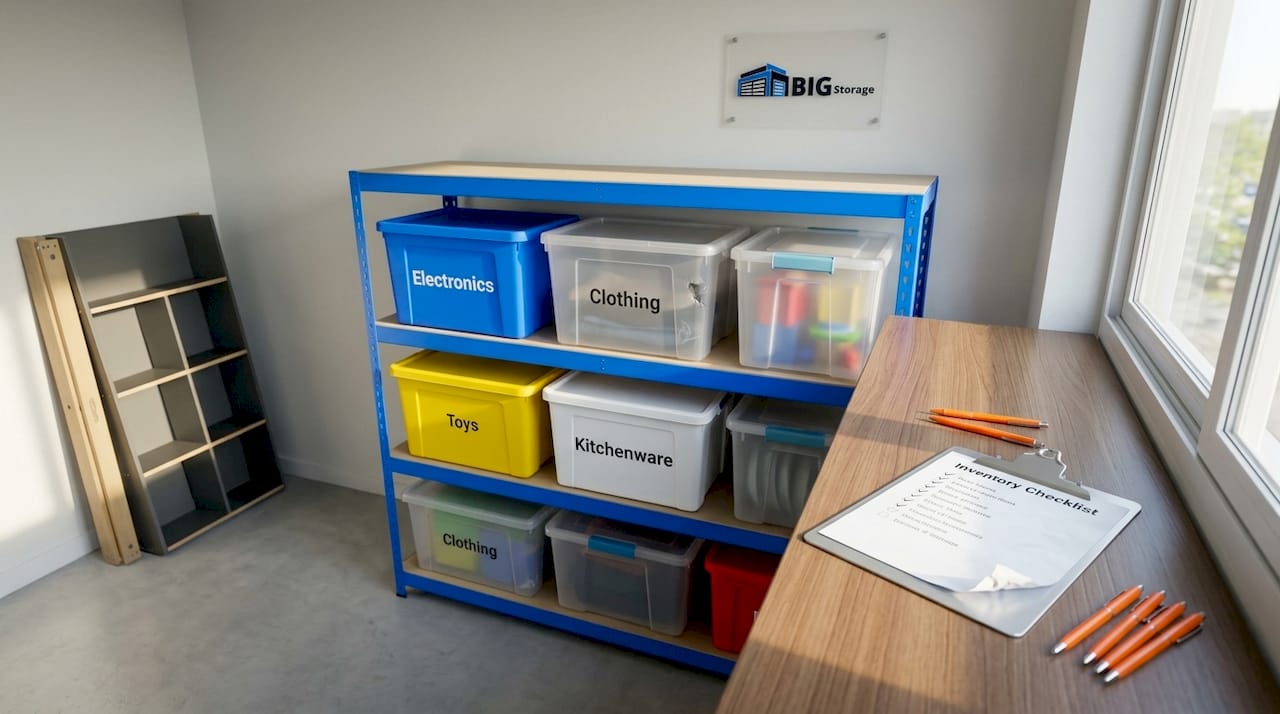 Labeled boxes and checklist organized for storage