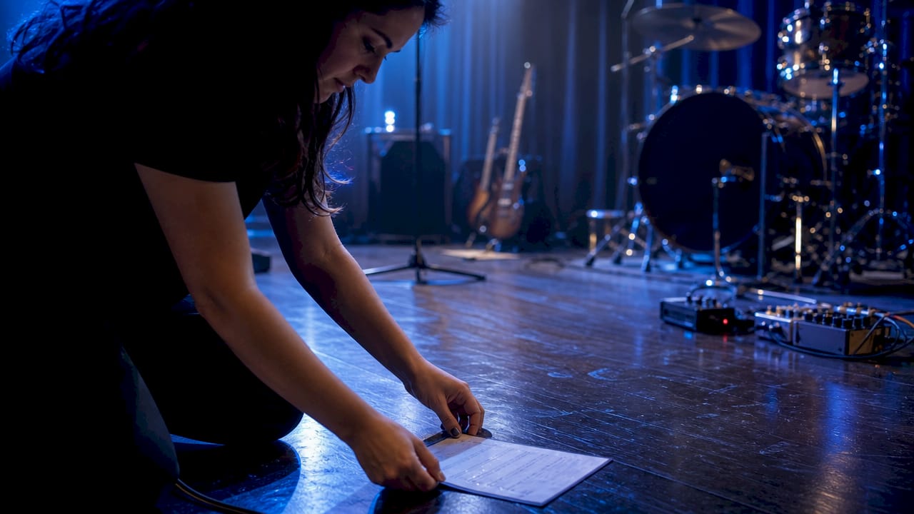 Drummer pointing at set list on stage floor