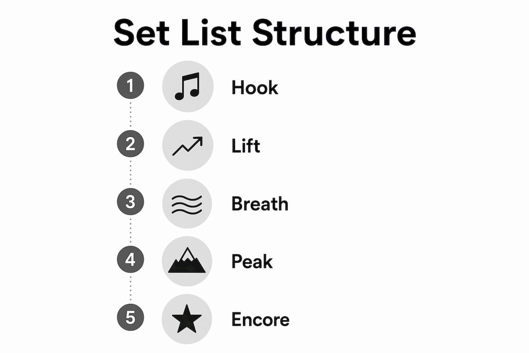 Infographic illustrating band set list structure stepwise