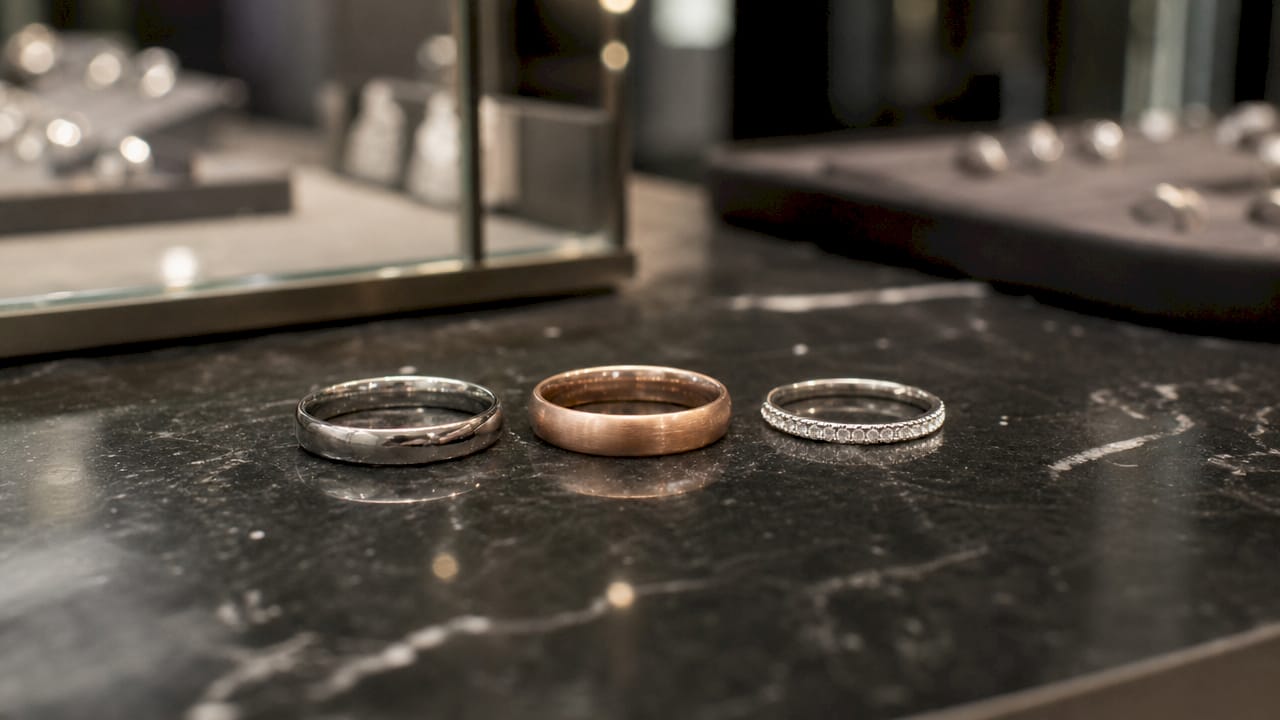 Overhead view of varied wedding band styles on wooden table